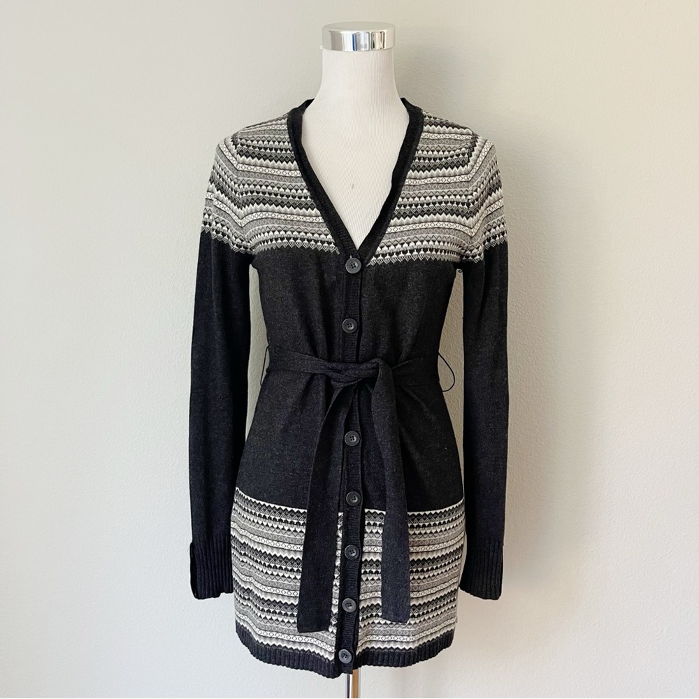 Lavand. Nordic Angora Blend Black/Gray Button Up Belted Cardigan Sweater Size S